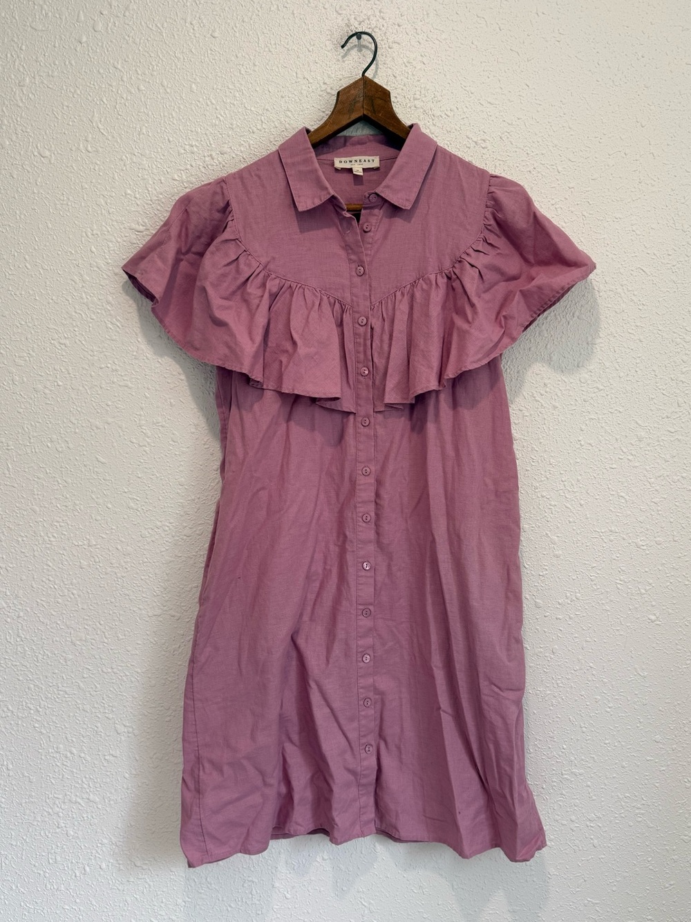 Downeast mauve pink ruffle linen cotton shirt dress M